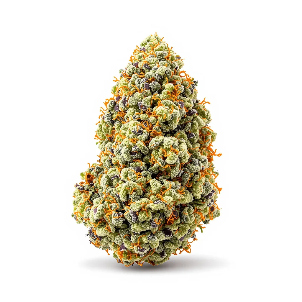 Cake Bomb 44% indica / 56% sativa — flor con tricomas visibles