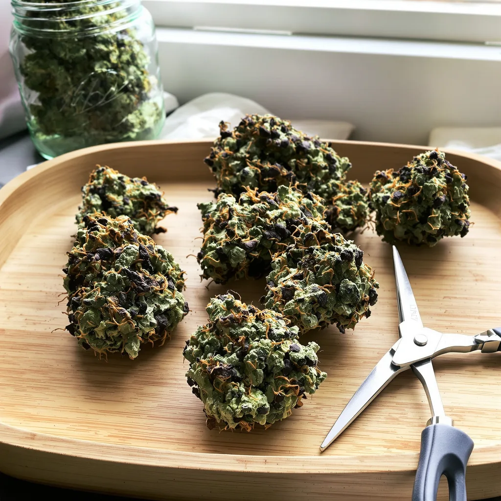 Cali Kush 90% indica / 10% sativa — flor con tricomas visibles