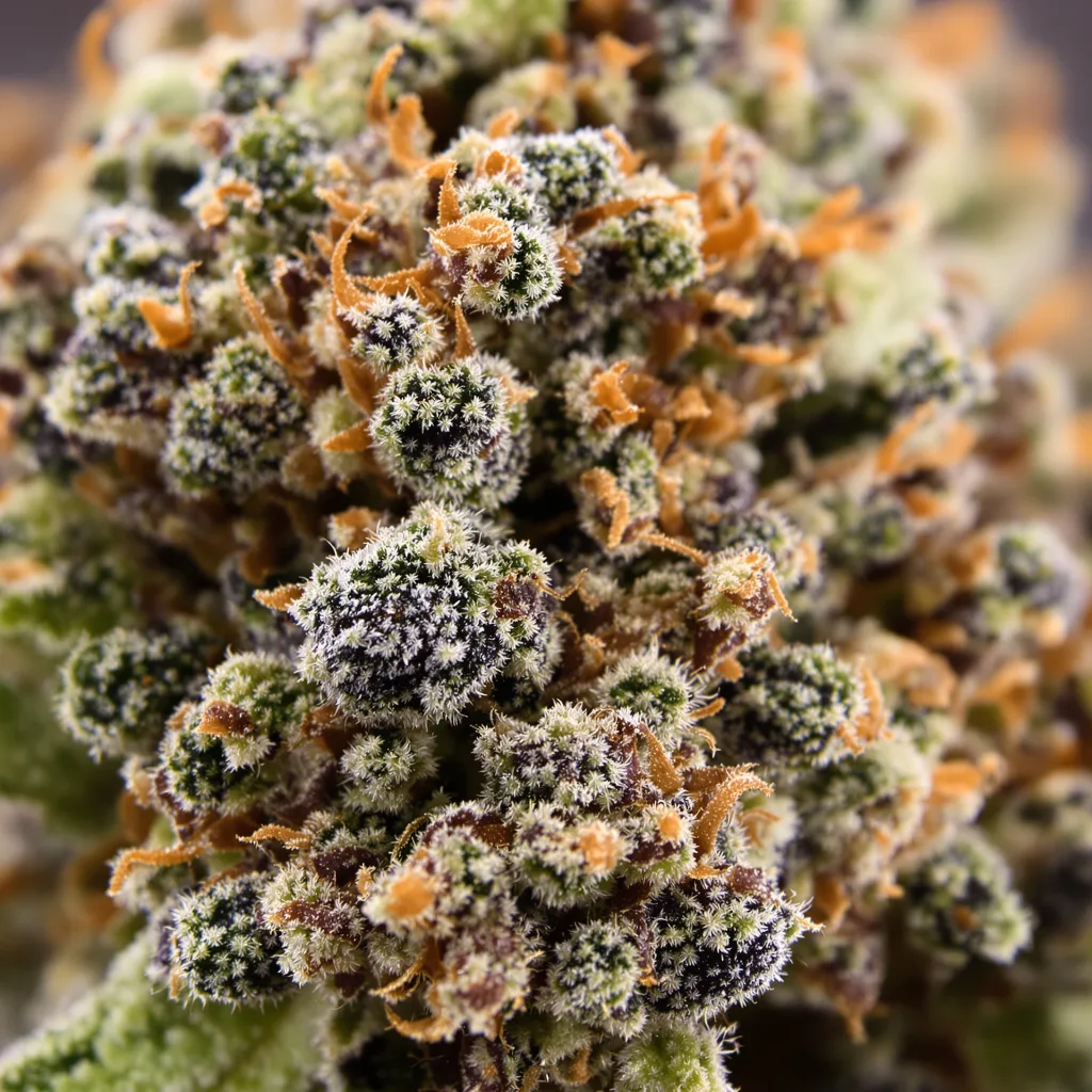 Primer plano de cogollo de cannabis Cali Kush mostrando cálices densos con tonos morados