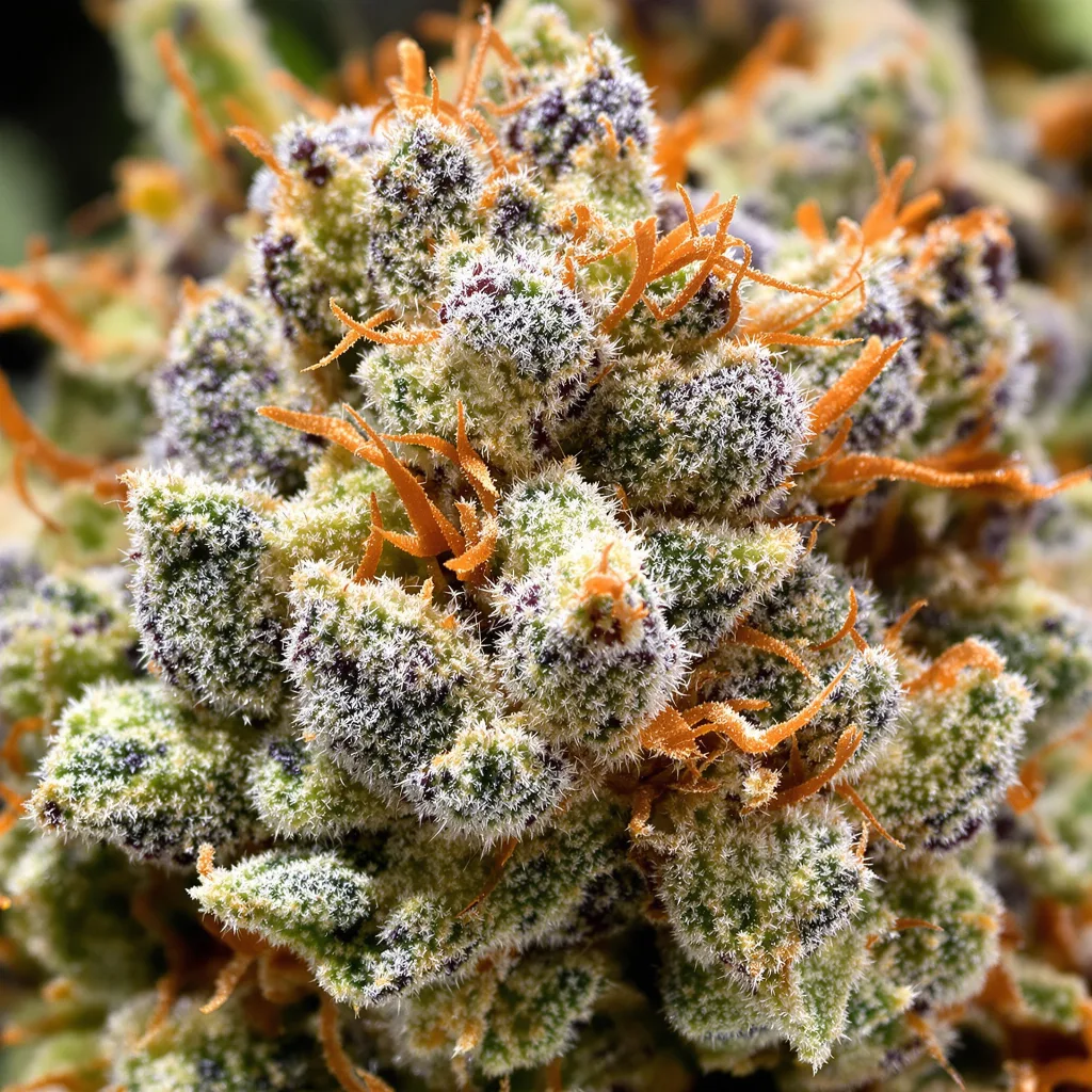 Primer plano de cogollo de cannabis California Grapefruit mostrando estructura abierta con pistilos naranjas