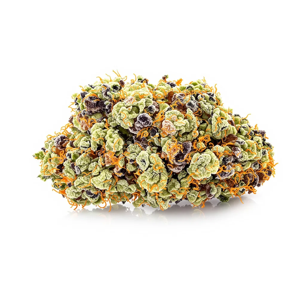 California Grapefruit 39% indica / 61% sativa — flor con tricomas visibles