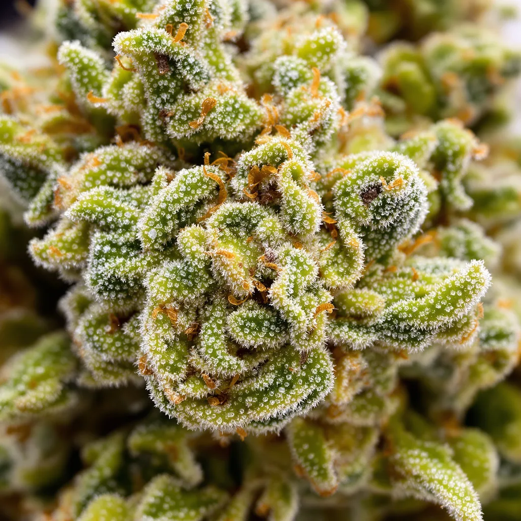 Primer plano de cogollo de cannabis California Love mostrando estructura aireada verde lima