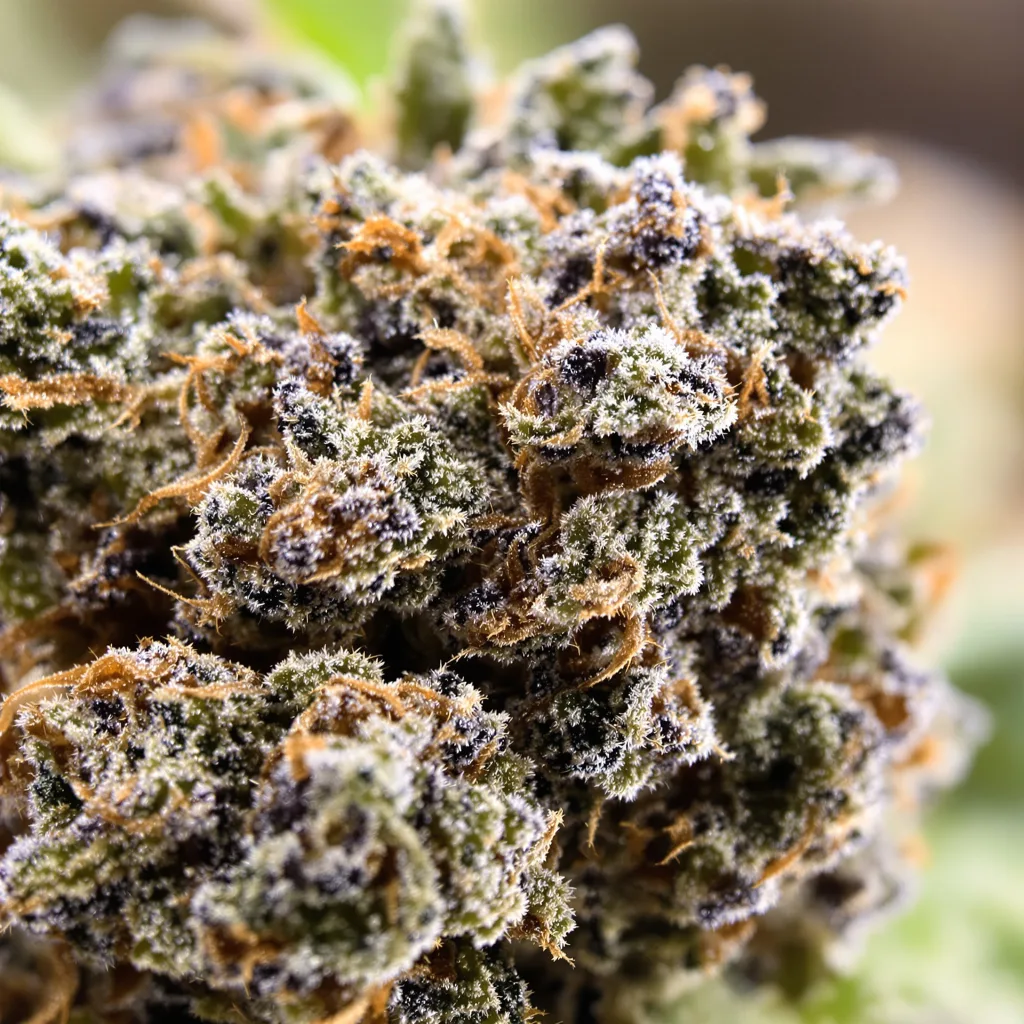 Primer plano de cogollo de cannabis Candy Cane mostrando cálices densos con tonos morados