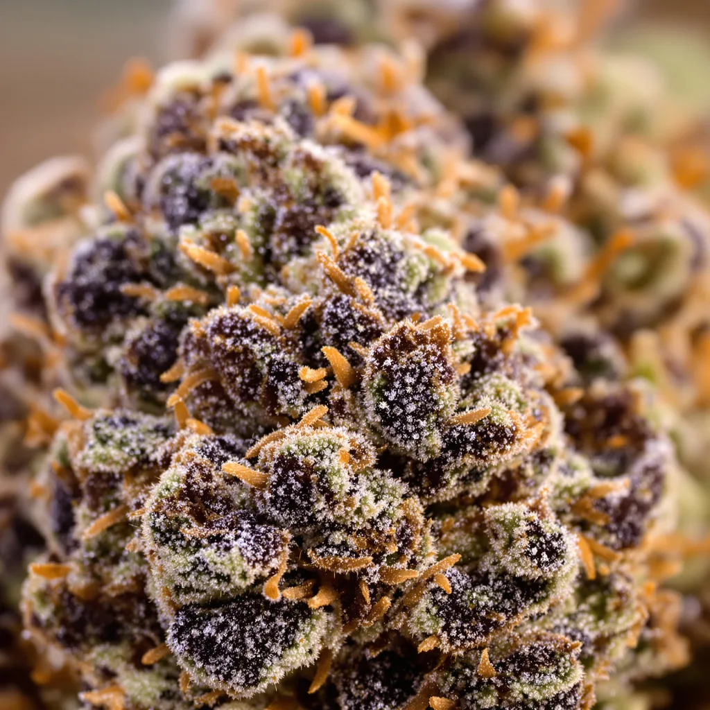 Primer plano de cogollo de cannabis Candy Cream mostrando cálices densos con tonos morados