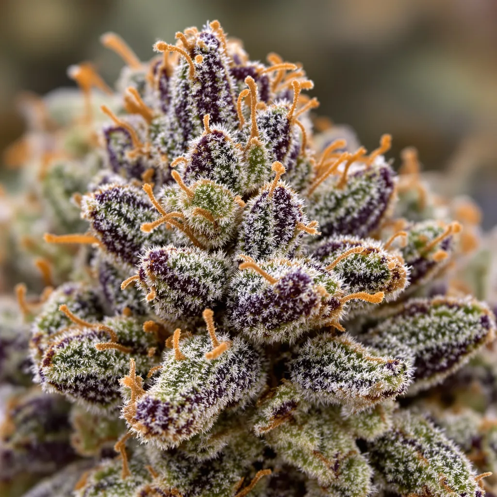 Primer plano de cogollo de cannabis Candy Cream mostrando cálices densos con tonos morados
