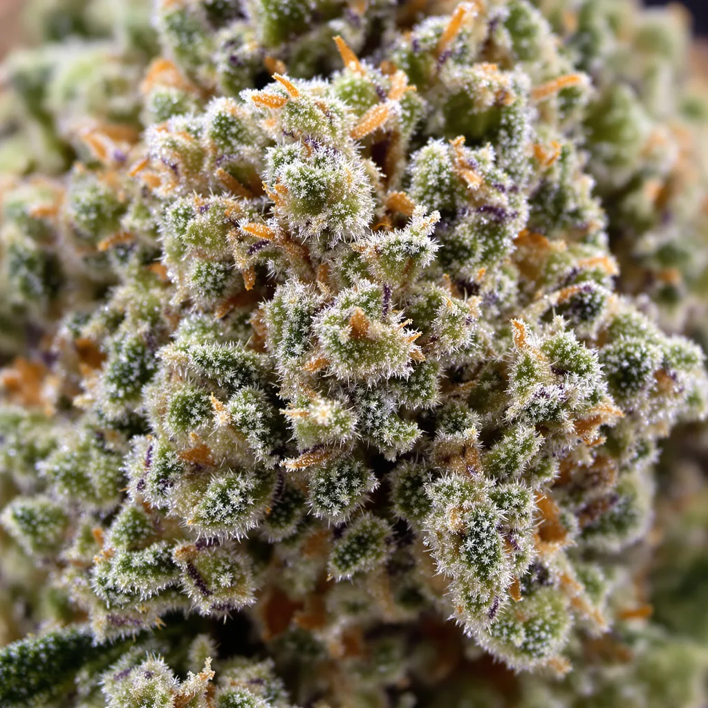 Primer plano de cogollo de cannabis Candy Kush mostrando estructura equilibrada con tricomas escarchados