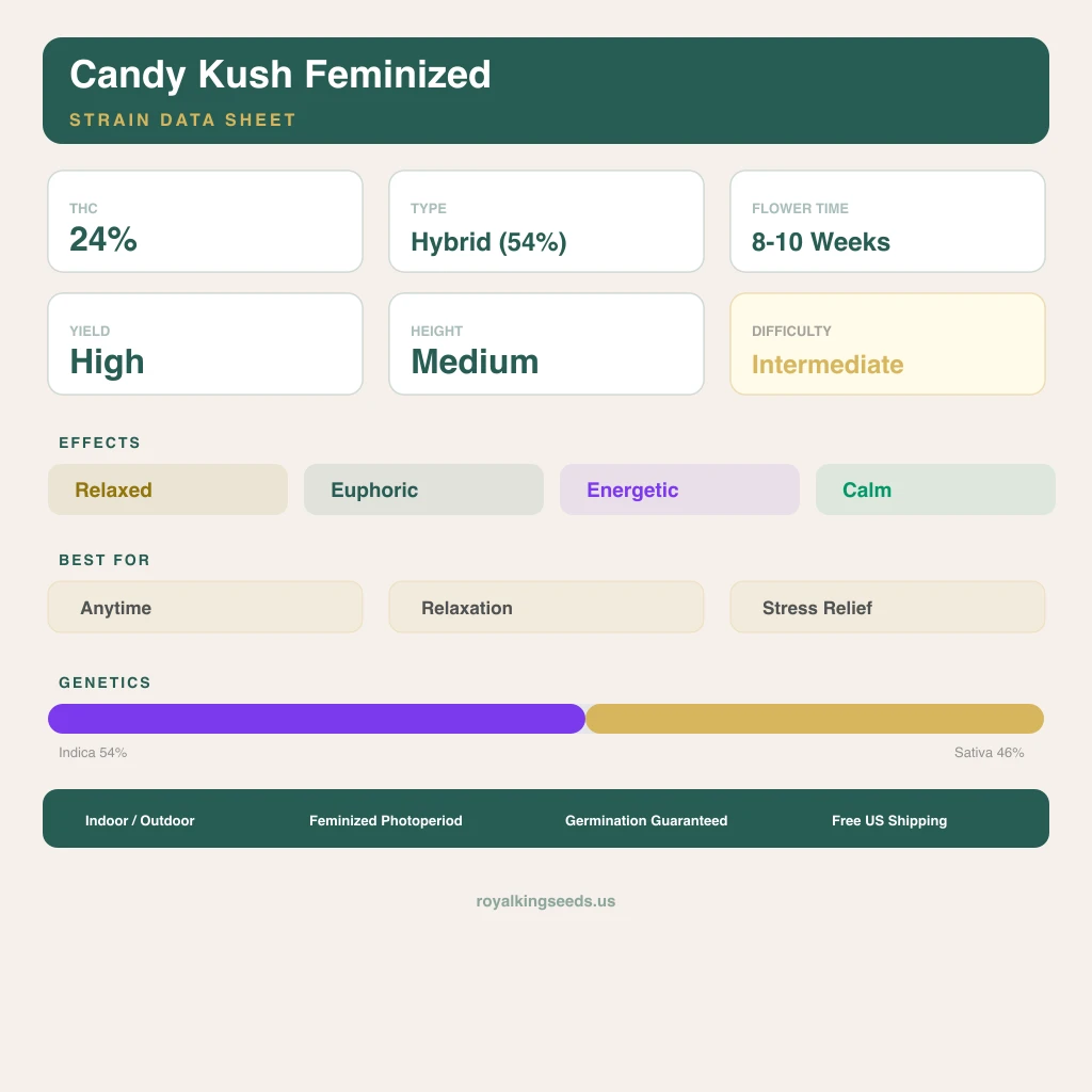 Candy Kush 54% indica / 46% sativa — flor con tricomas visibles