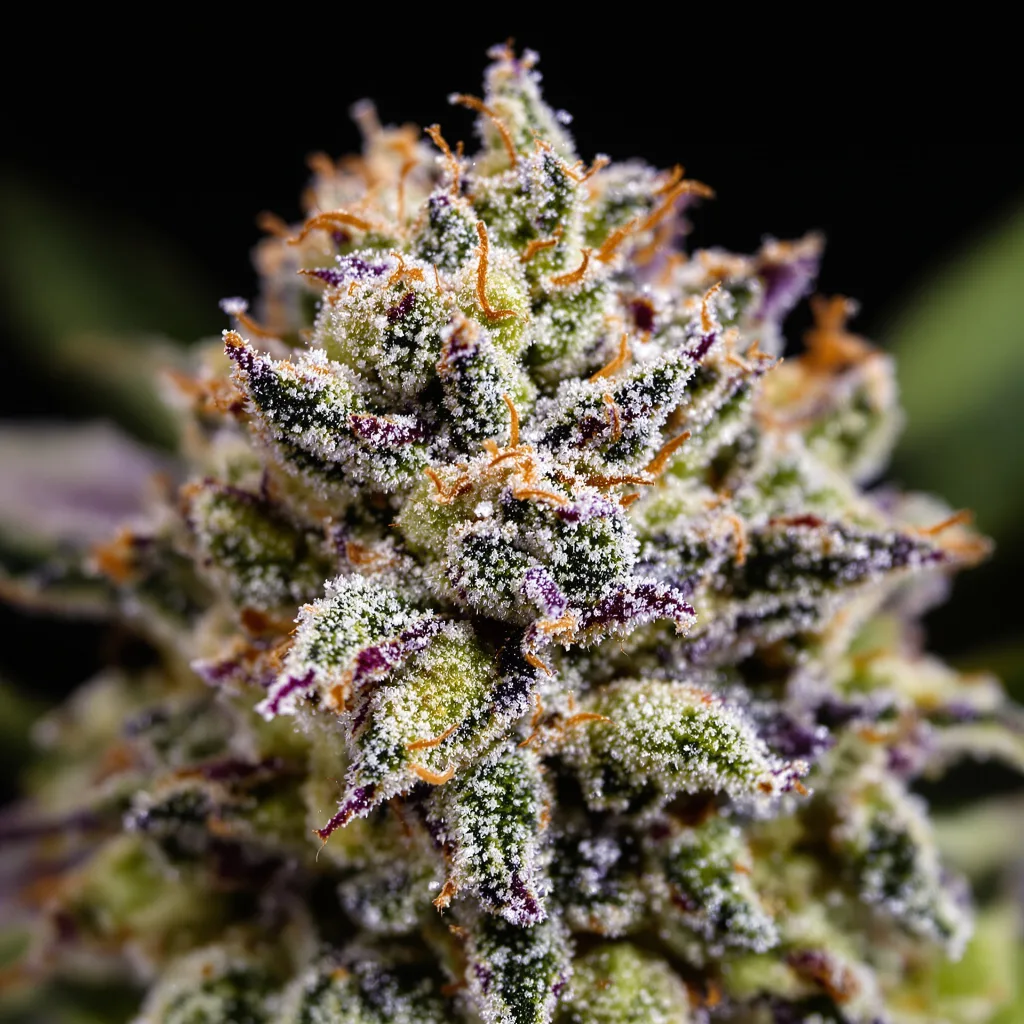 Primer plano de cogollo de cannabis Candy Kush mostrando estructura equilibrada con tricomas escarchados