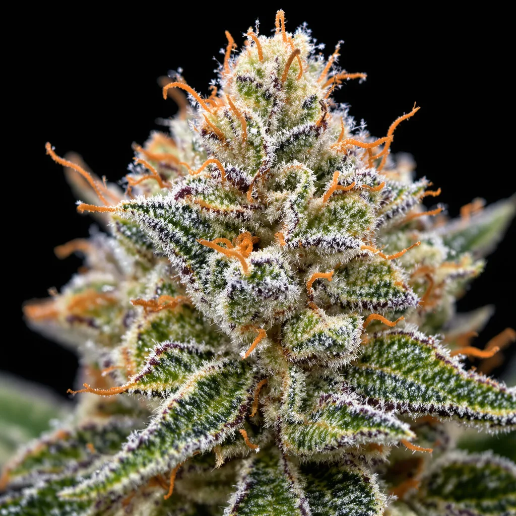 Primer plano de cogollo de cannabis Candyland mostrando estructura equilibrada con tricomas escarchados
