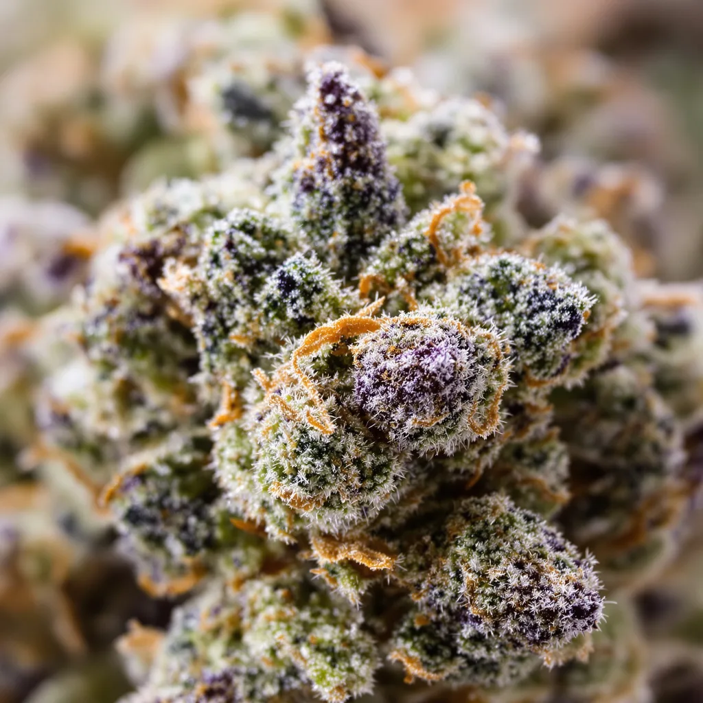 Primer plano de cogollo de cannabis Candyland Peyote mostrando estructura equilibrada con tricomas escarchados