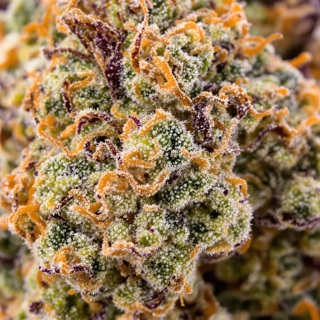 Primer plano de cogollo de cannabis Canna-Tsu mostrando estructura abierta con pistilos naranjas