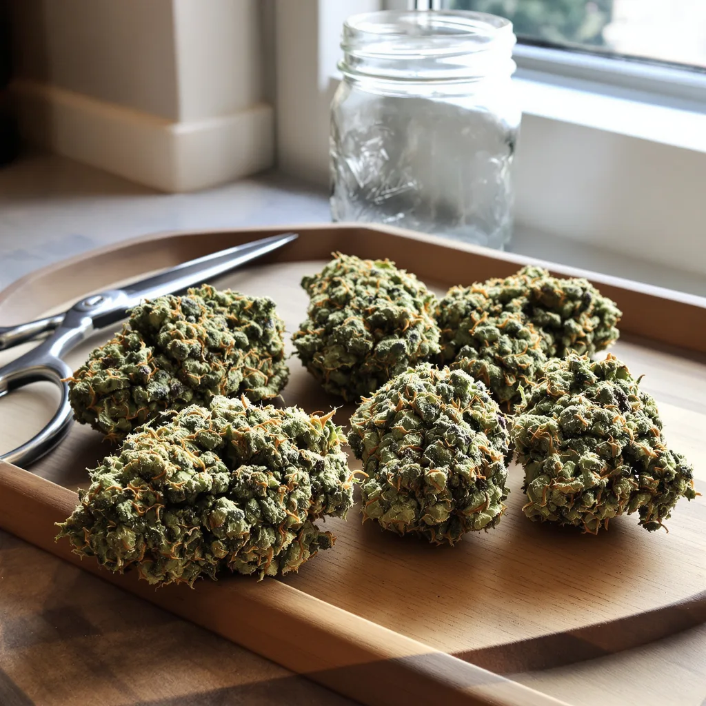 Cannalope Kush 25% indica / 65% sativa — flor con tricomas visibles