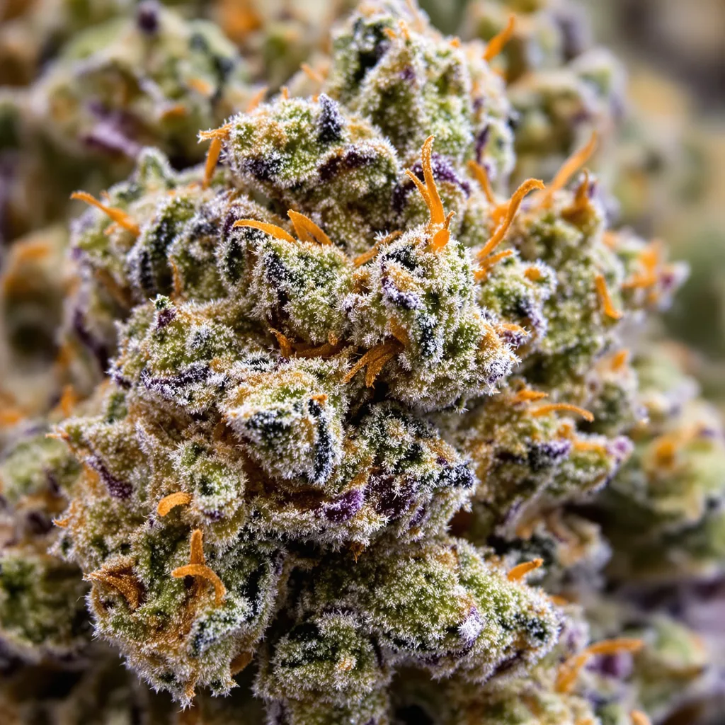 Primer plano de cogollo de cannabis Cannalope Kush mostrando estructura abierta con pistilos naranjas