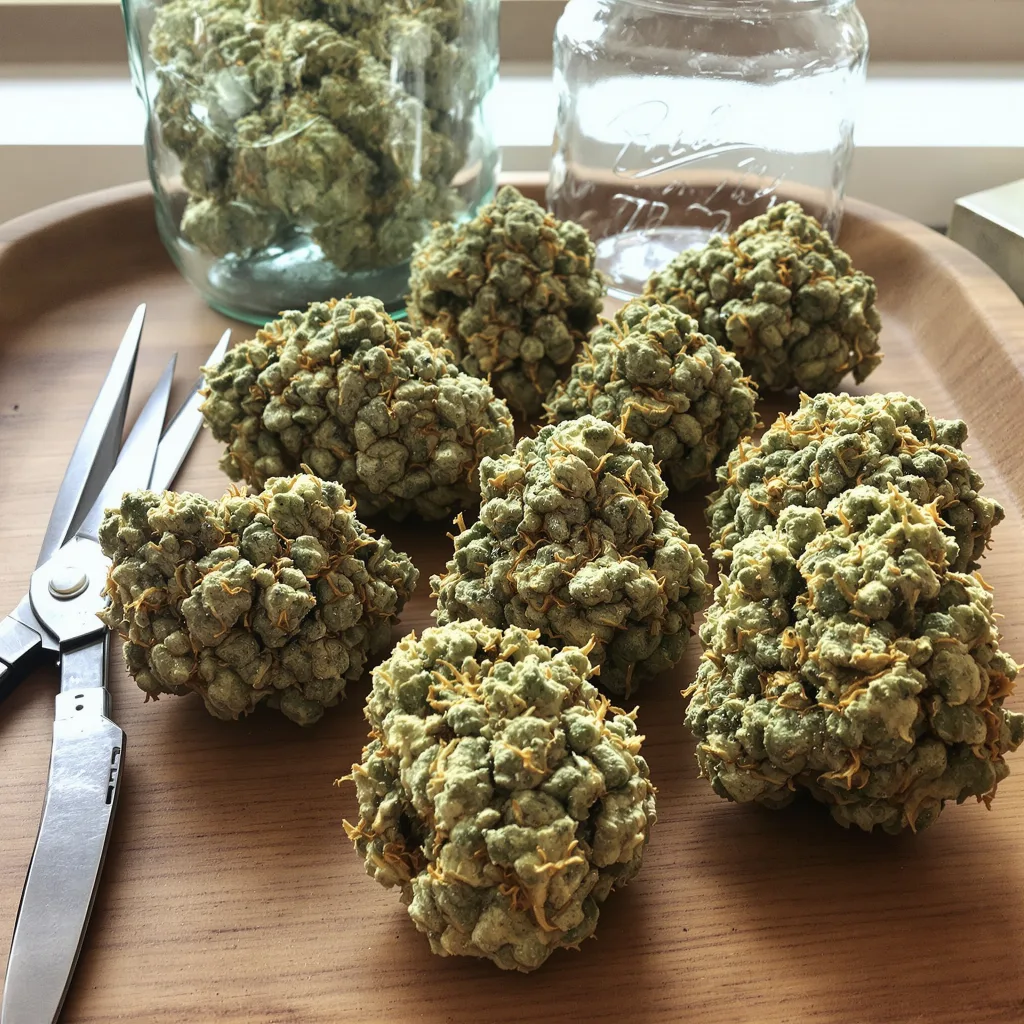 Cannatonic CBD 48% indica / 52% sativa — flor con tricomas visibles