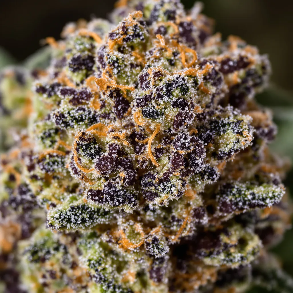 Primer plano de cogollo de cannabis Capers mostrando cálices densos con tonos morados