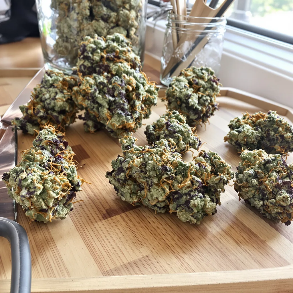 Cascadia Kush 74% indica / 26% sativa — flor con tricomas visibles