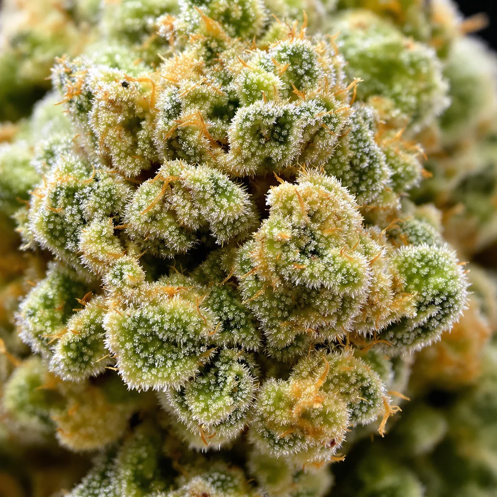 Primer plano de cogollo de cannabis Casey Jones mostrando estructura aireada verde lima