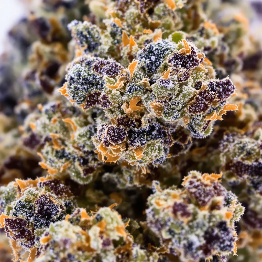 Primer plano de cogollo de cannabis Casper OG mostrando cálices densos con tonos morados