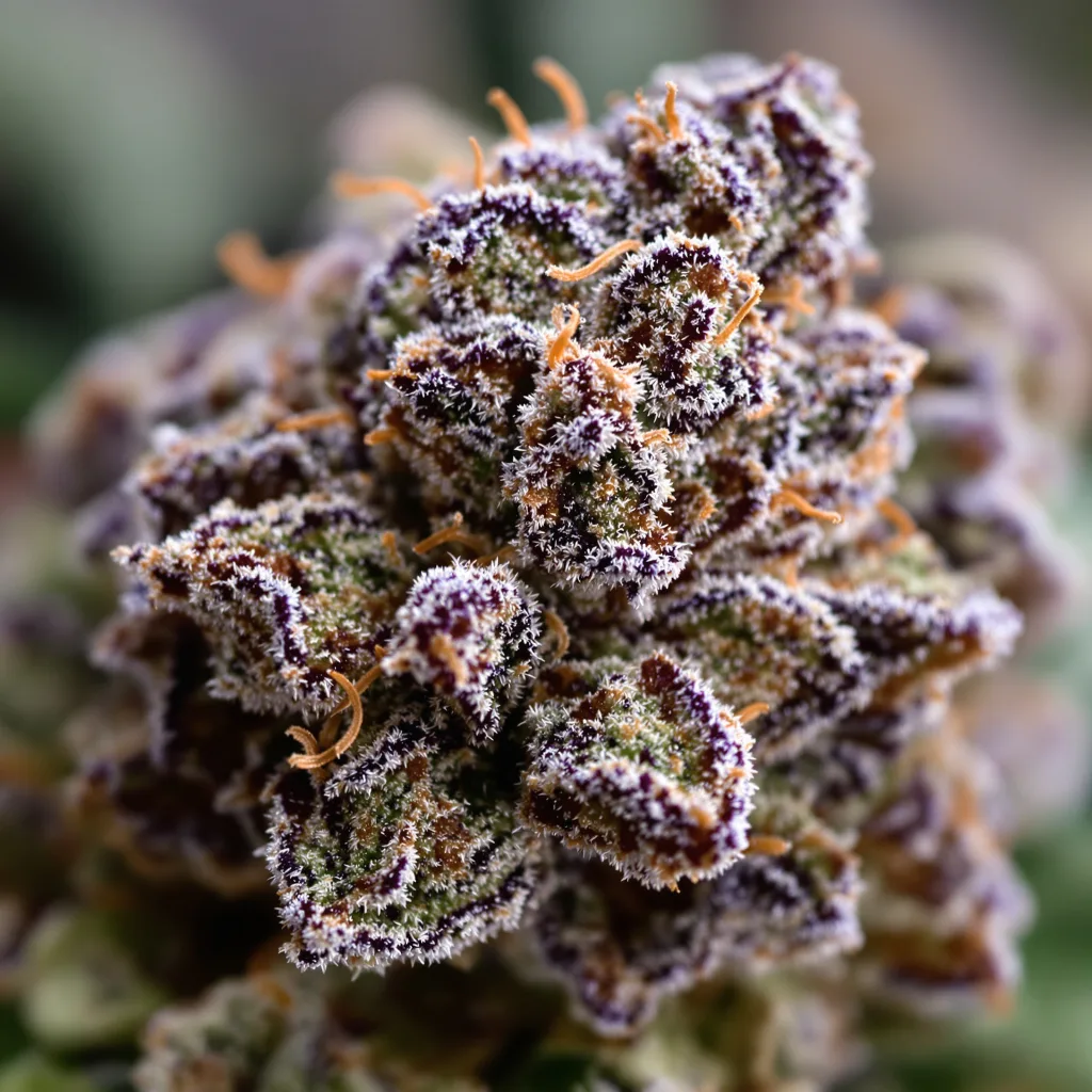 Primer plano de cogollo de cannabis Casper OG mostrando cálices densos con tonos morados