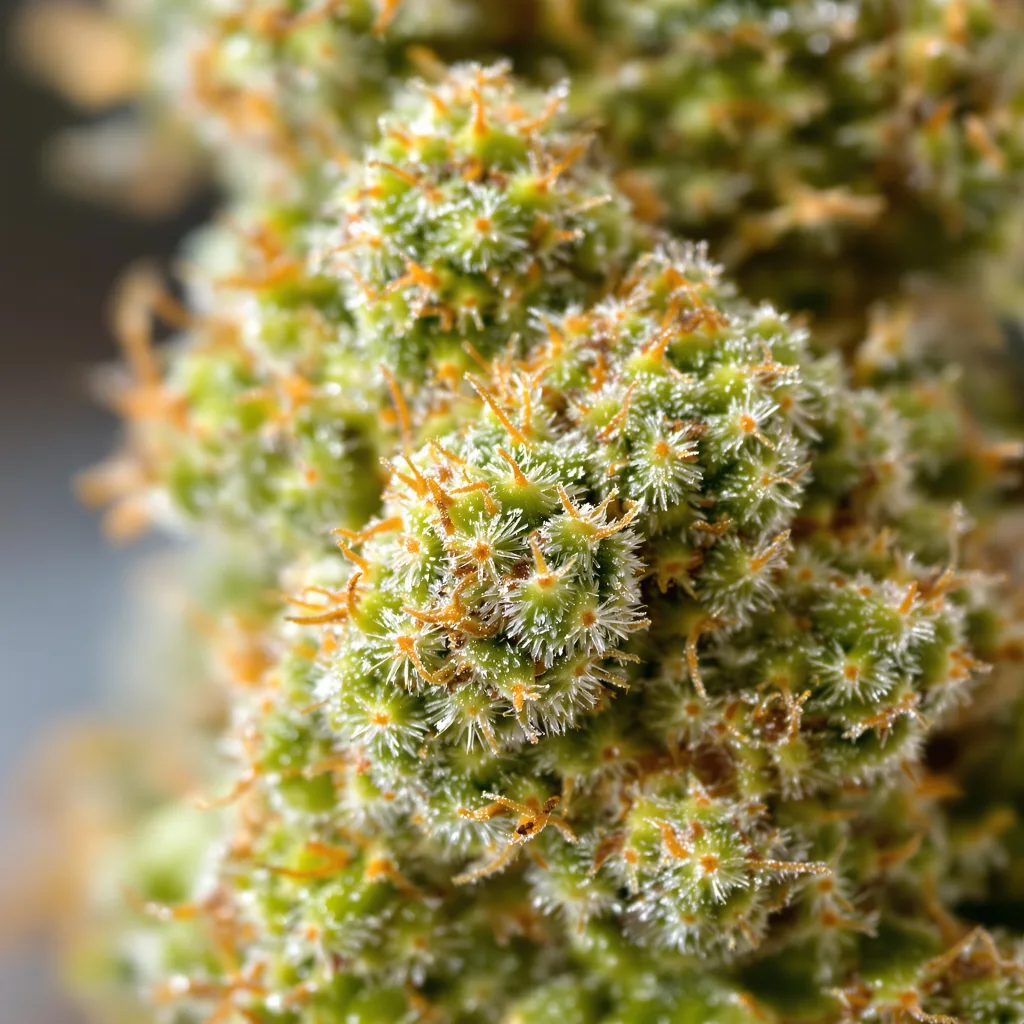 Primer plano de cogollo de cannabis Cat Piss mostrando estructura aireada verde lima