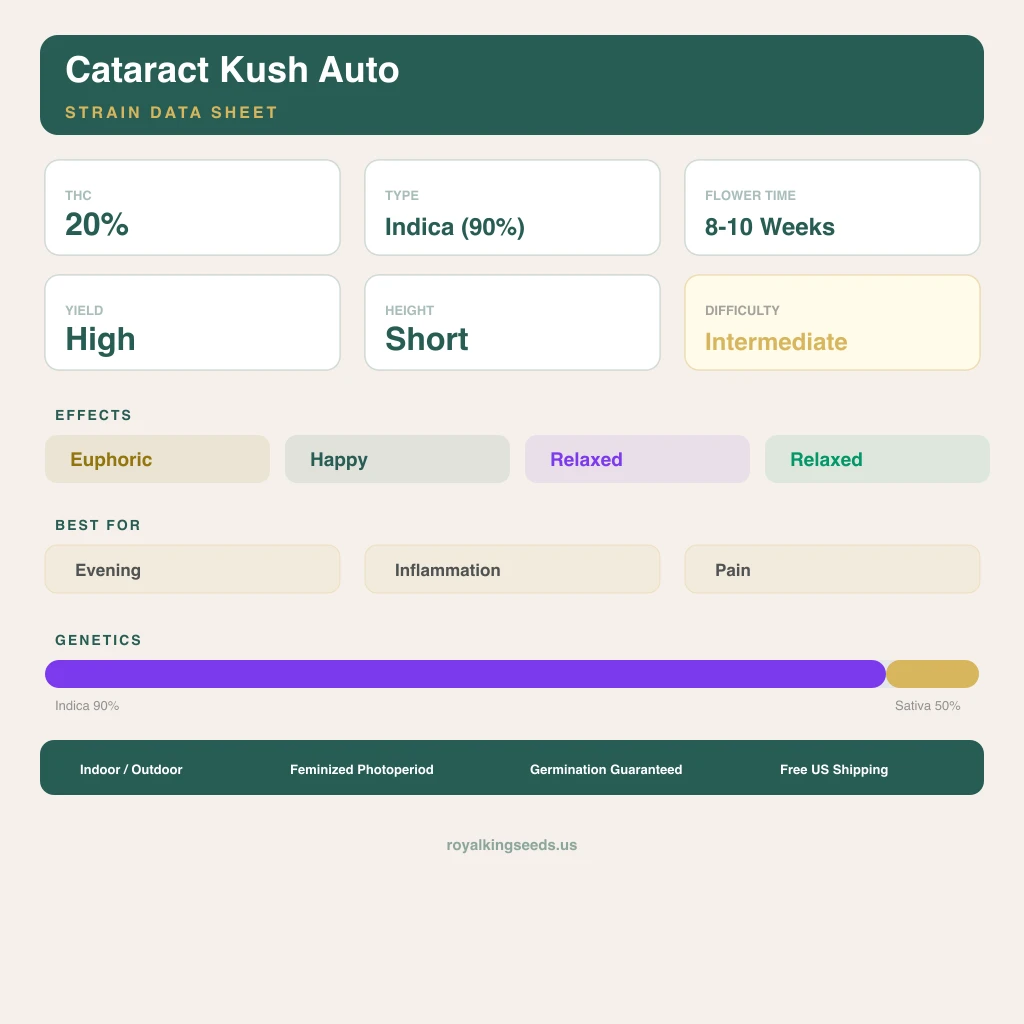Cataract Kush 90% indica / 50% sativa — flor con tricomas visibles