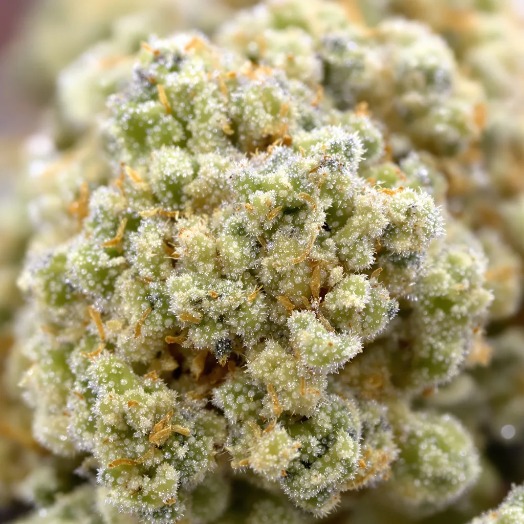 Primer plano de cogollo de cannabis CBD 3D mostrando flor clara con baja resina