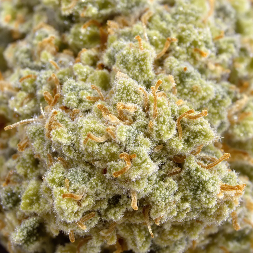 Primer plano de cogollo de cannabis CBD ACDC mostrando flor clara con baja resina