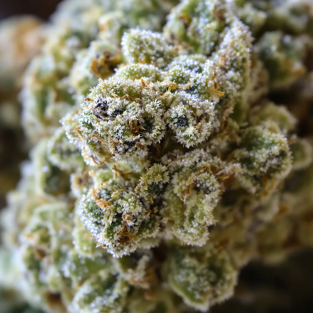 Primer plano de cogollo de cannabis CBD Blue Shark mostrando flor clara con baja resina