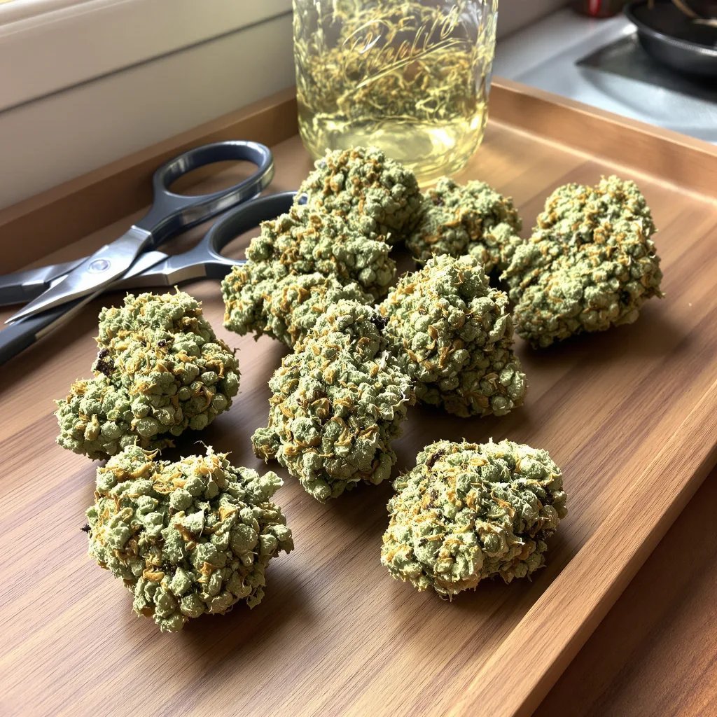 CBD Blueberry 46% indica / 54% sativa — flor con tricomas visibles