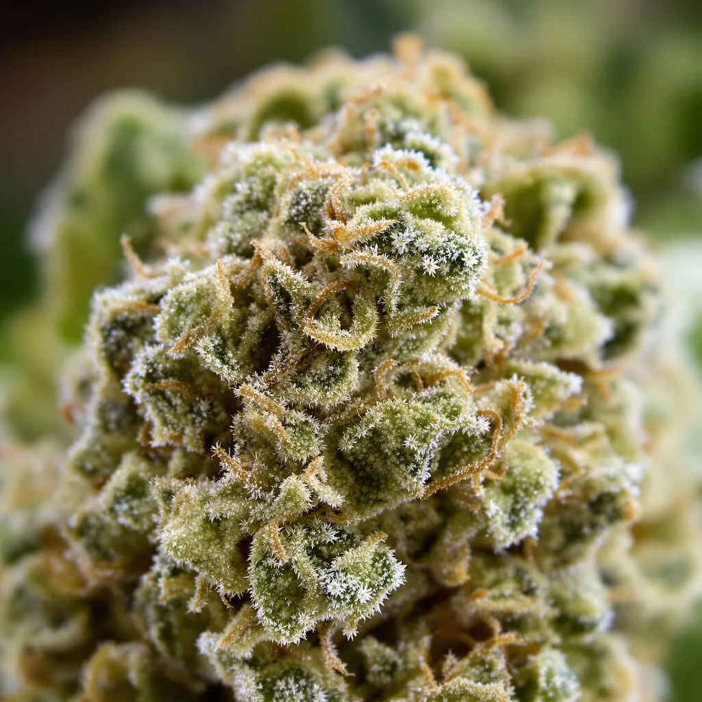 Primer plano de cogollo de cannabis CBD Critical Mango mostrando flor clara con baja resina