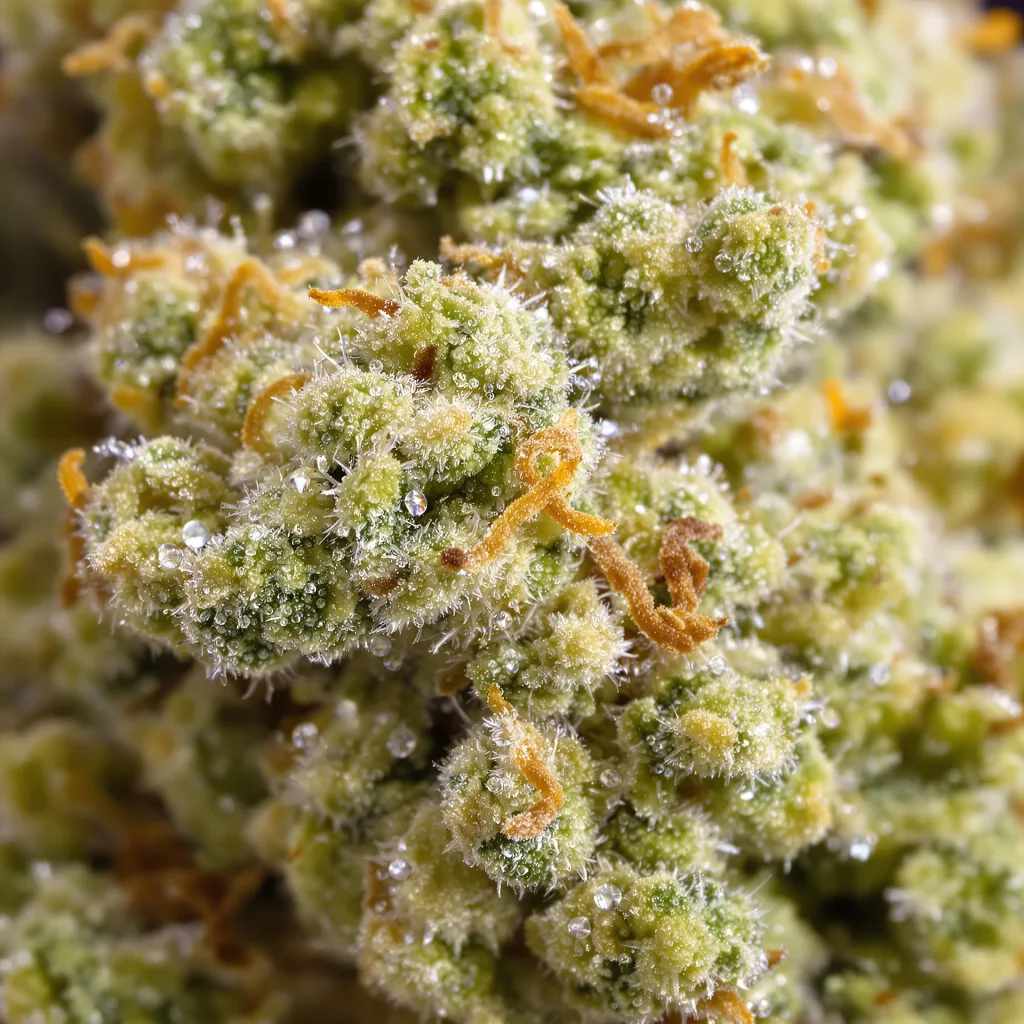Primer plano de cogollo de cannabis CBD Critical Mass mostrando flor clara con baja resina