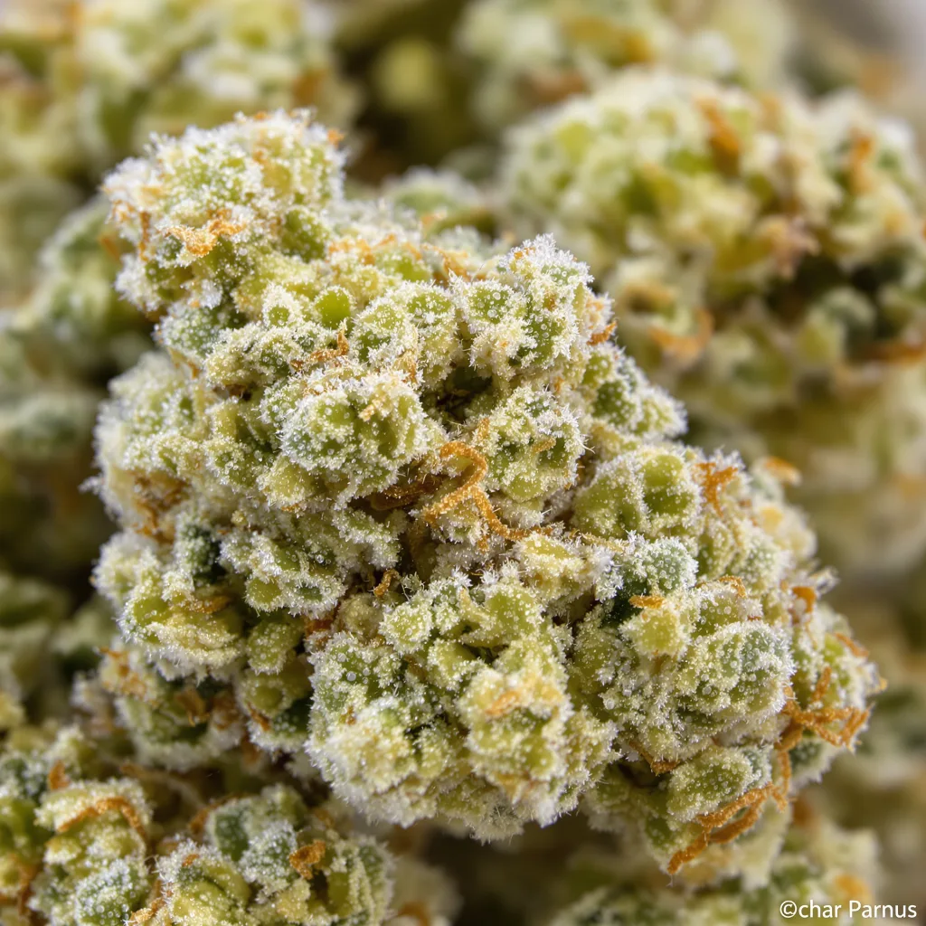 Primer plano de cogollo de cannabis CBD Fast Eddy mostrando flor clara con baja resina