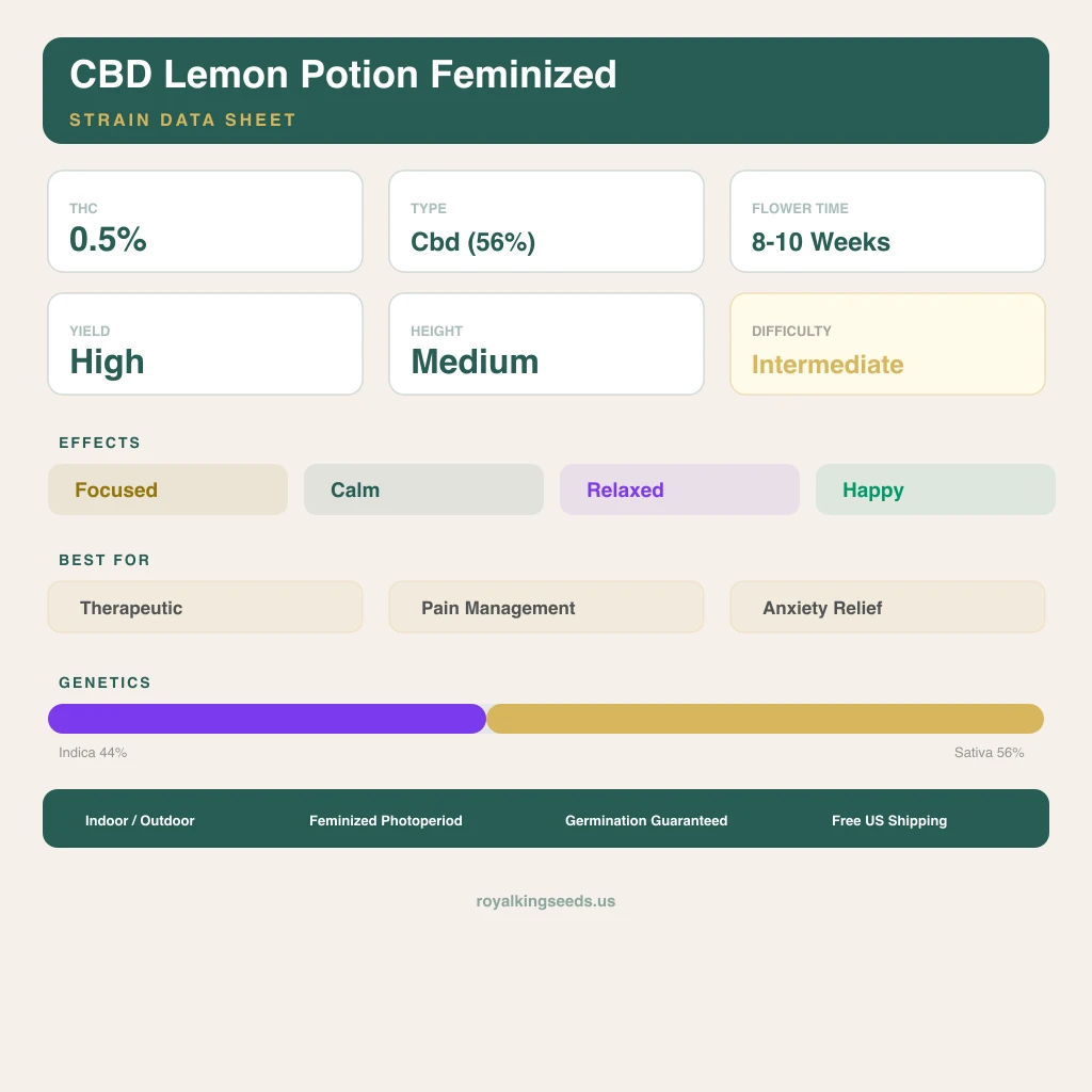 CBD Lemon Potion 44% indica / 56% sativa — flor con tricomas visibles