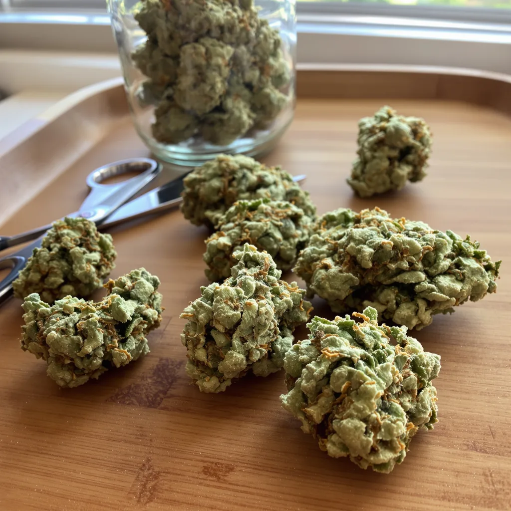 CBD Mango Haze 46% indica / 54% sativa — flor con tricomas visibles