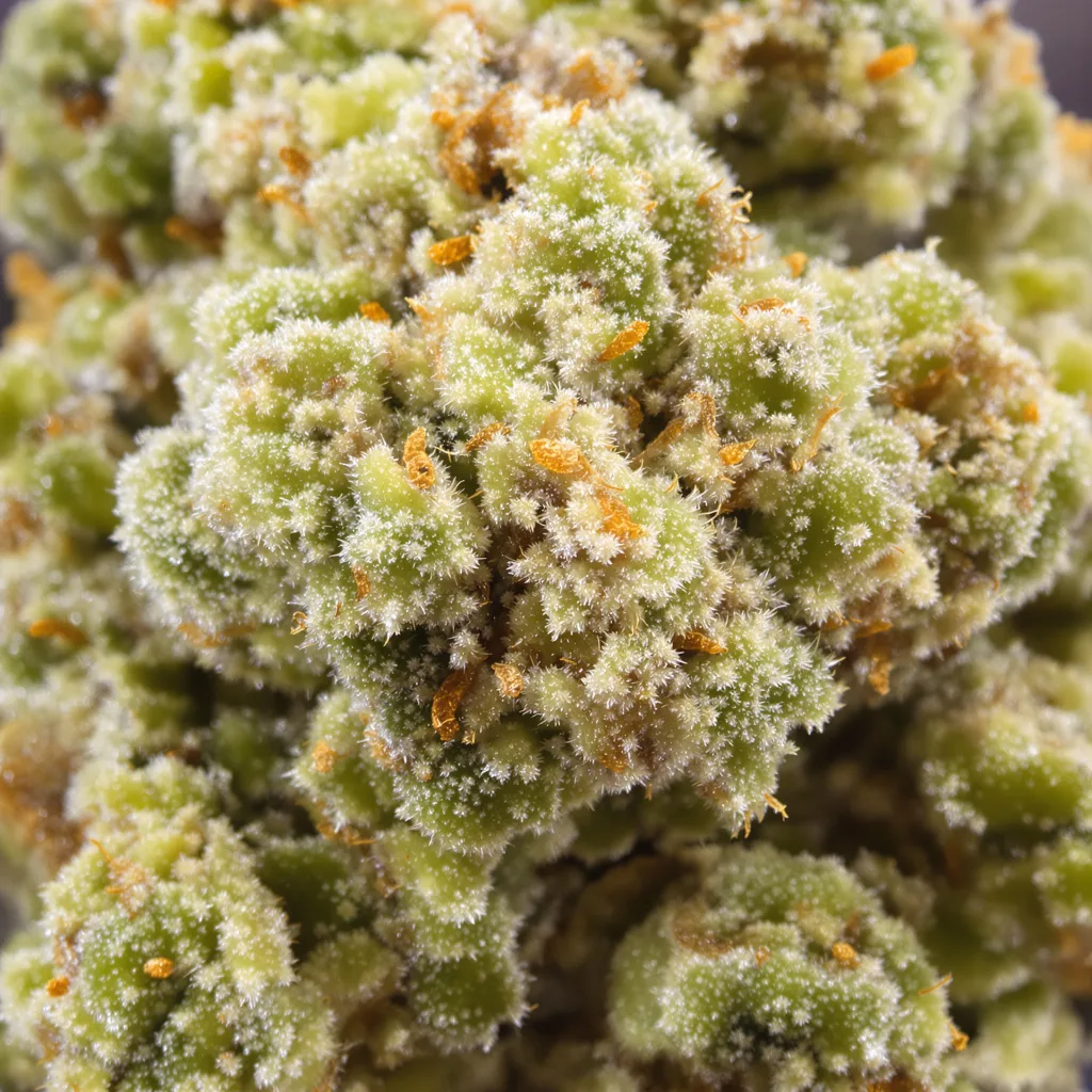 Primer plano de cogollo de cannabis CBD Mango Haze mostrando flor clara con baja resina