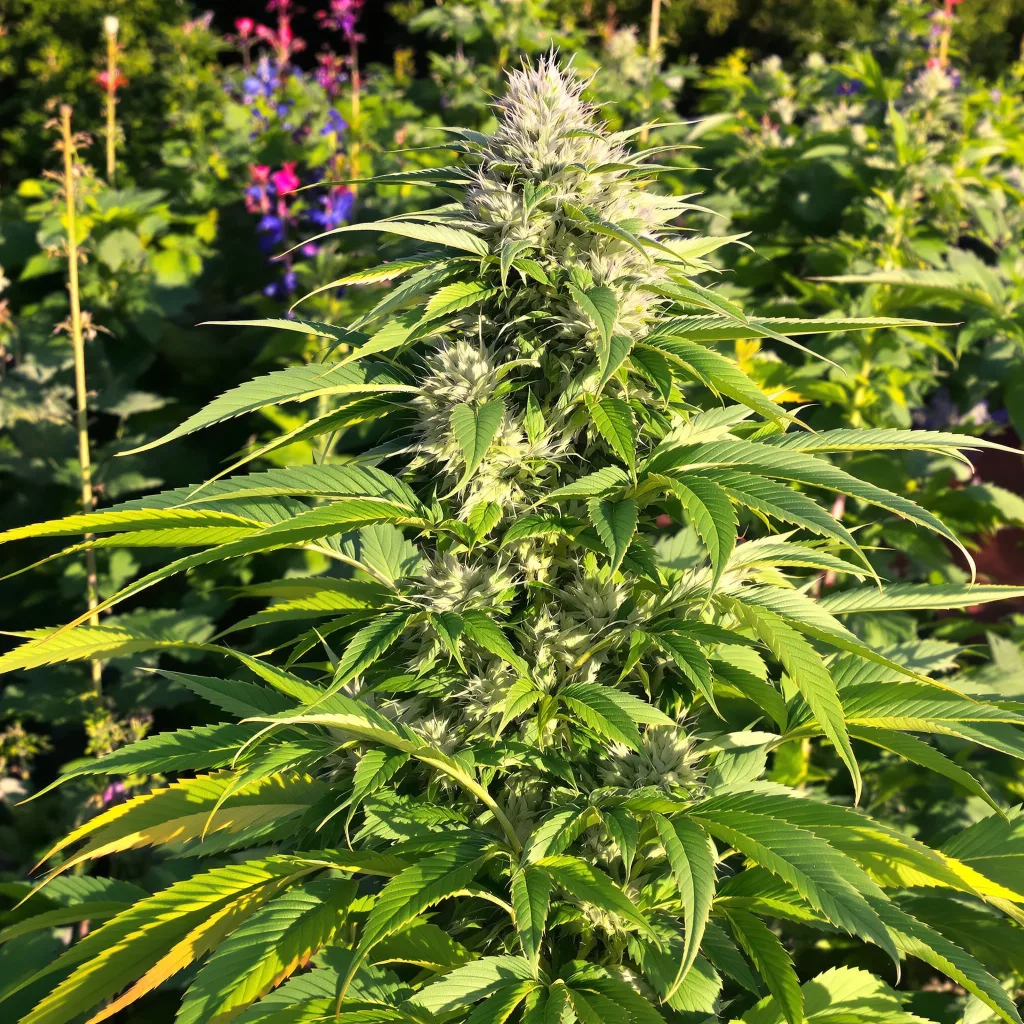 CBD Mango Haze 46% indica / 54% sativa — flor con tricomas visibles