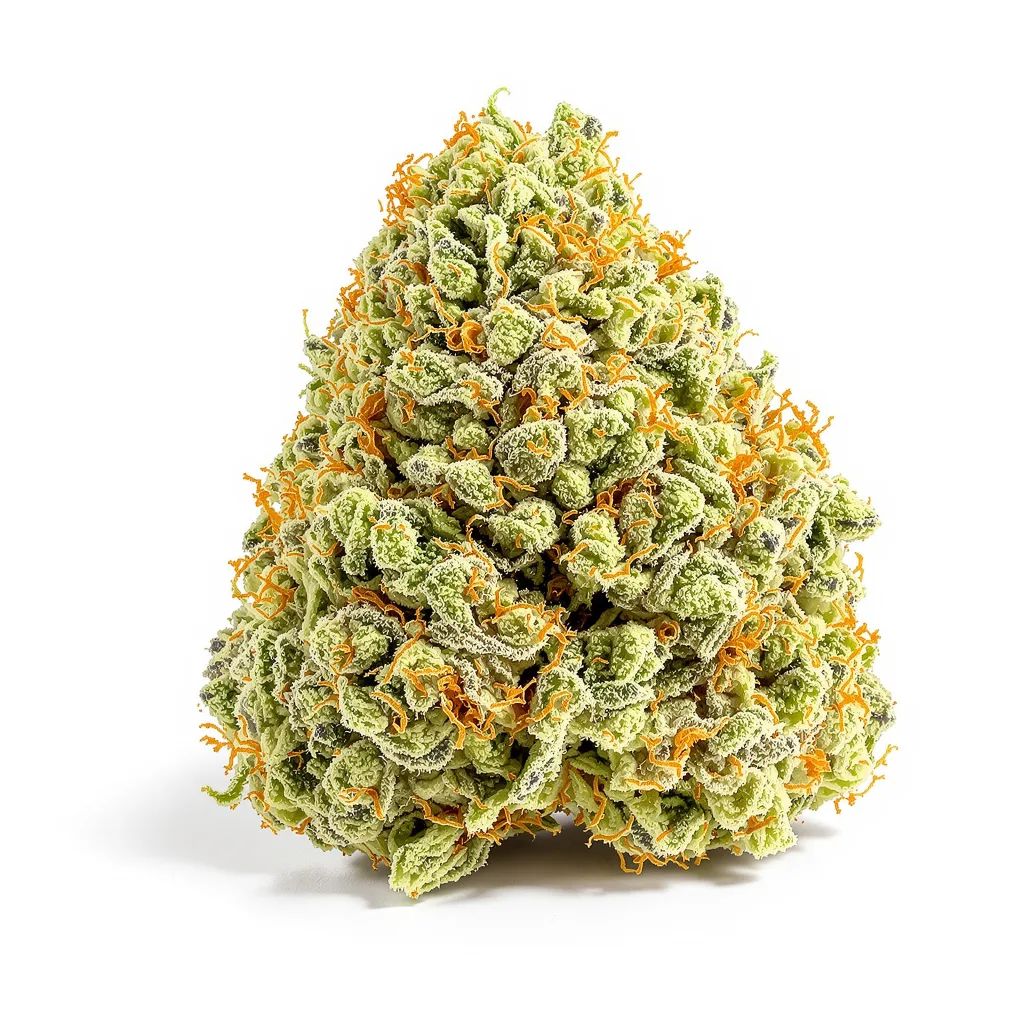 CBD Mango Haze 46% indica / 54% sativa — flor con tricomas visibles