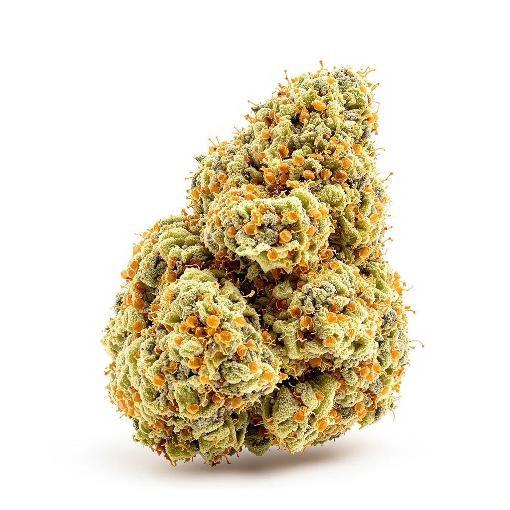 CBD Moby Dick 58% indica / 42% sativa — flor con tricomas visibles
