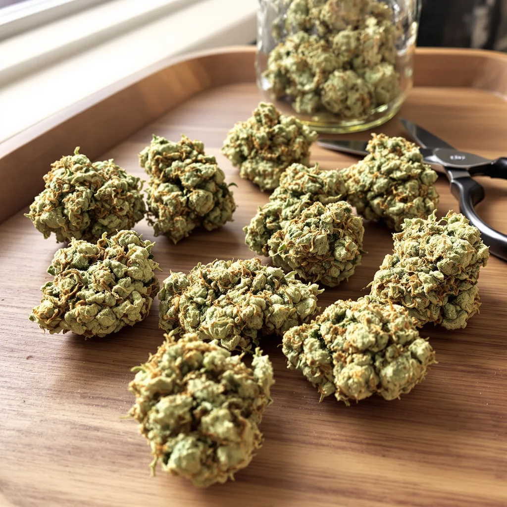 CBD OG Kush 43% indica / 57% sativa — flor con tricomas visibles