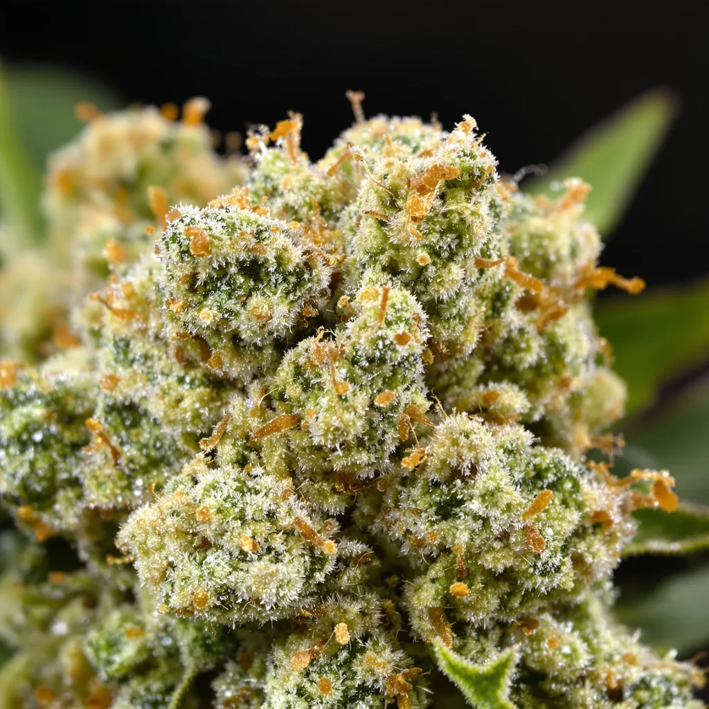 Primer plano de cogollo de cannabis CBD OG Kush mostrando flor clara con baja resina