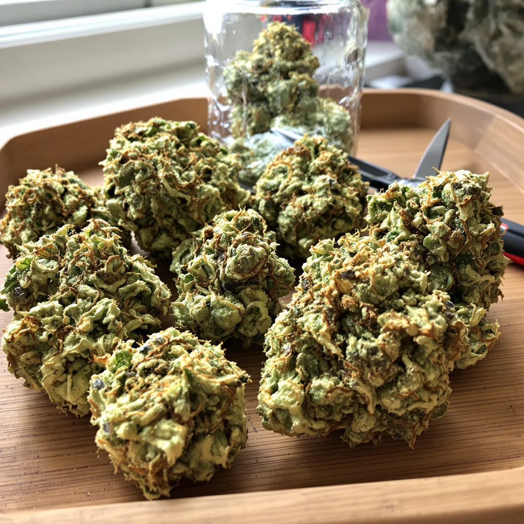 CBD PH Haze 58% indica / 42% sativa — flor con tricomas visibles