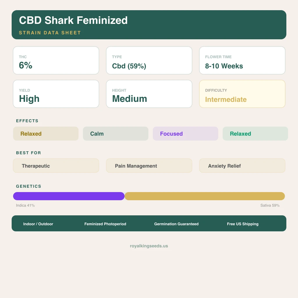 CBD Shark 41% indica / 59% sativa — flor con tricomas visibles
