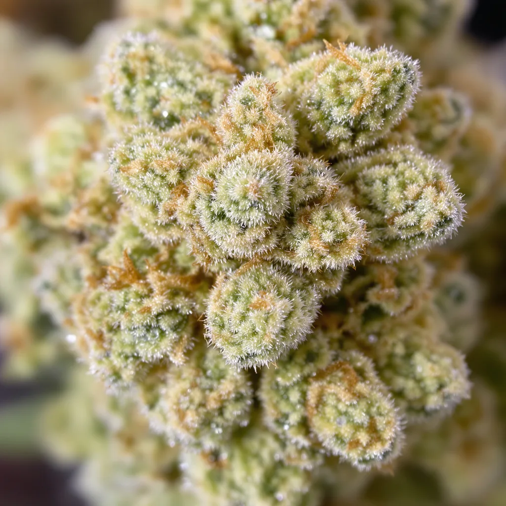 Primer plano de cogollo de cannabis CBD Solomatic mostrando flor clara con baja resina