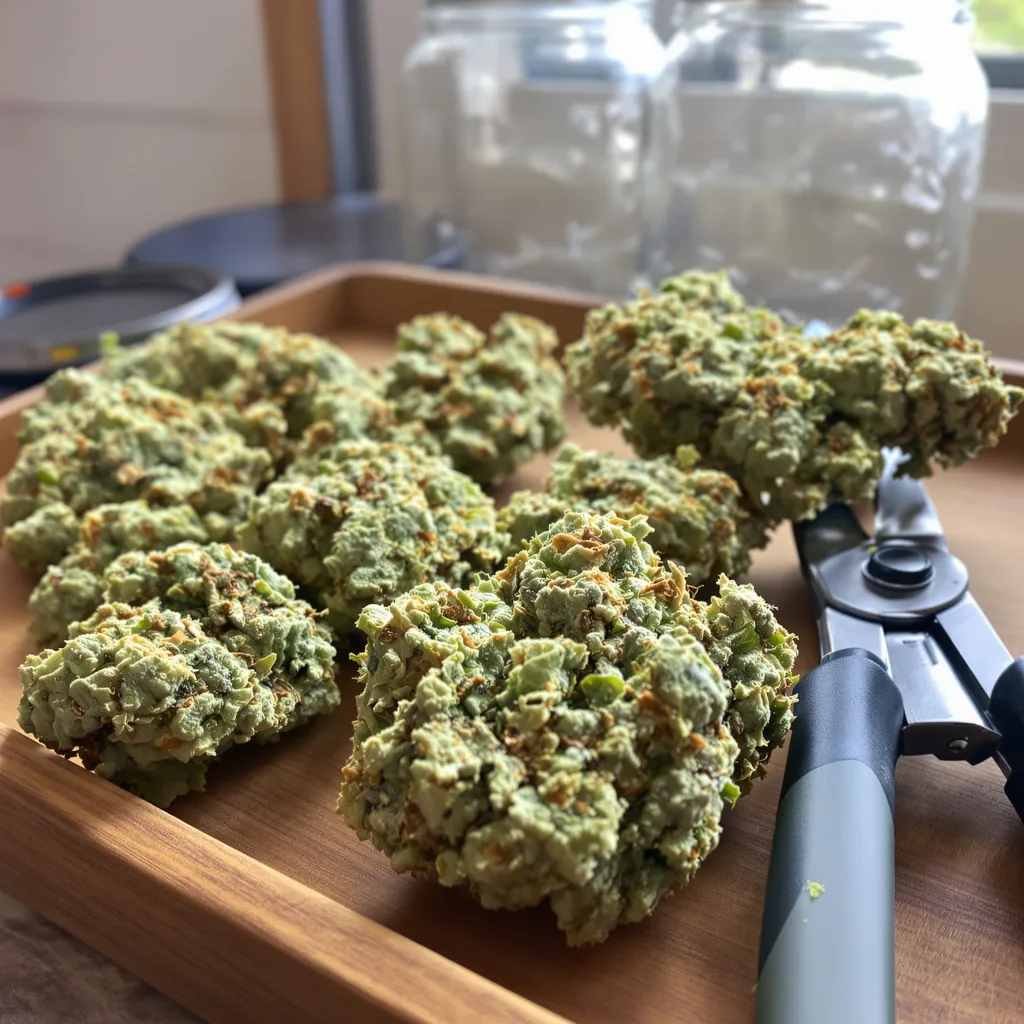 CBD Sour Lemon 44% indica / 56% sativa — flor con tricomas visibles