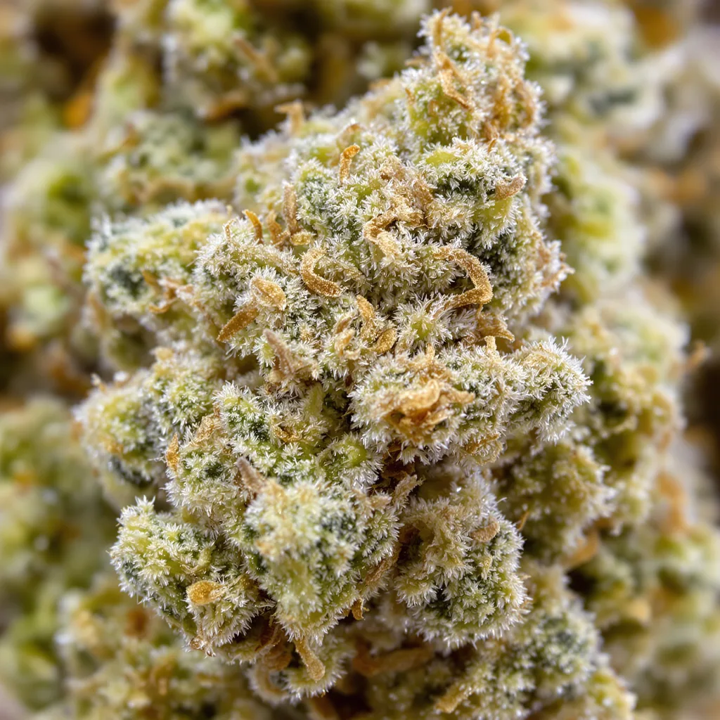 Primer plano de cogollo de cannabis CBD Sour Lemon mostrando flor clara con baja resina