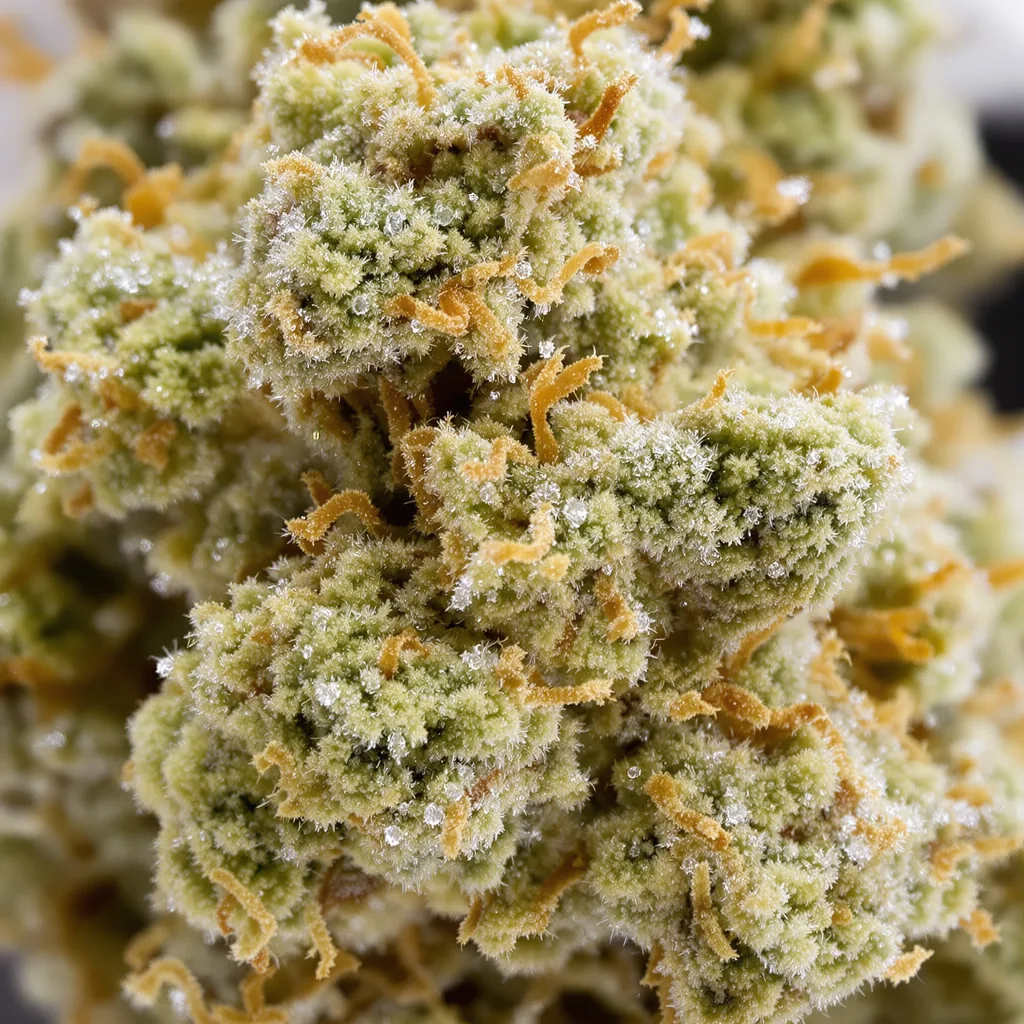 Primer plano de cogollo de cannabis CBD Yummy mostrando flor clara con baja resina