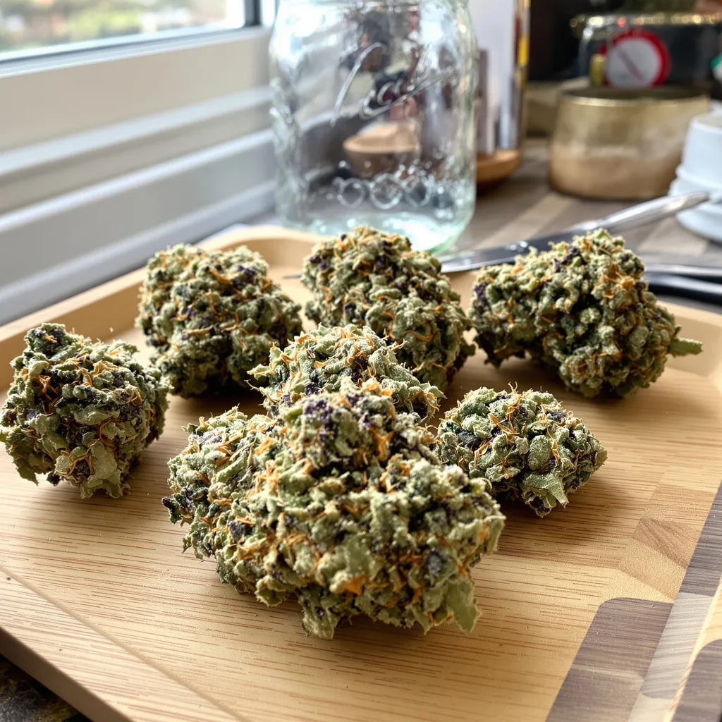 Champagne Kush 50% indica / 50% sativa — flor con tricomas visibles