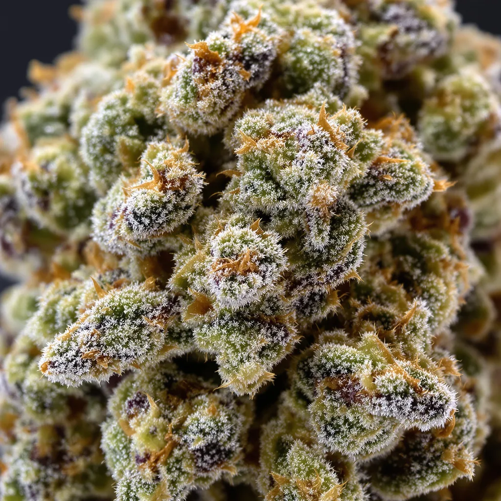 Primer plano de cogollo de cannabis Champagne Kush mostrando estructura equilibrada con tricomas escarchados