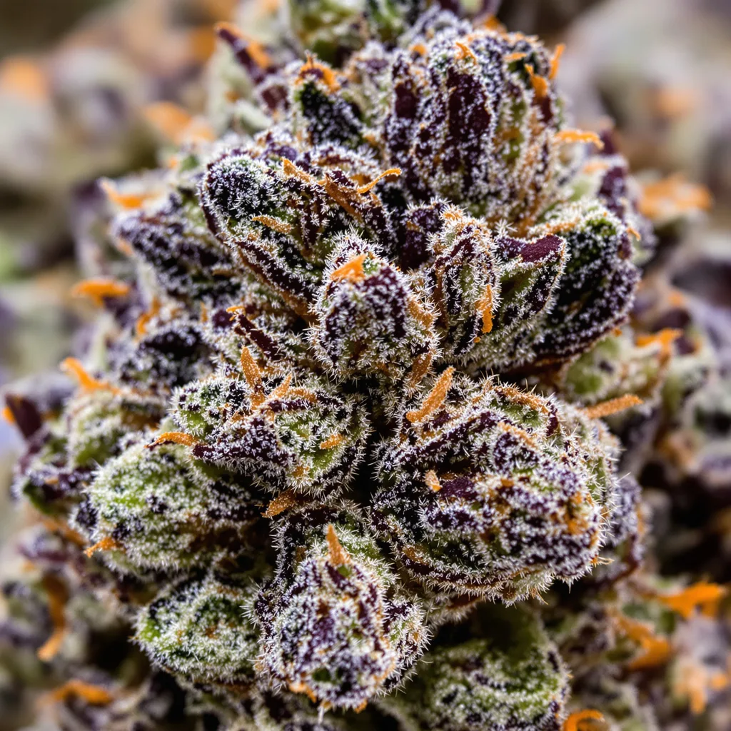 Primer plano de cogollo de cannabis Cheese Quake mostrando cálices densos con tonos morados