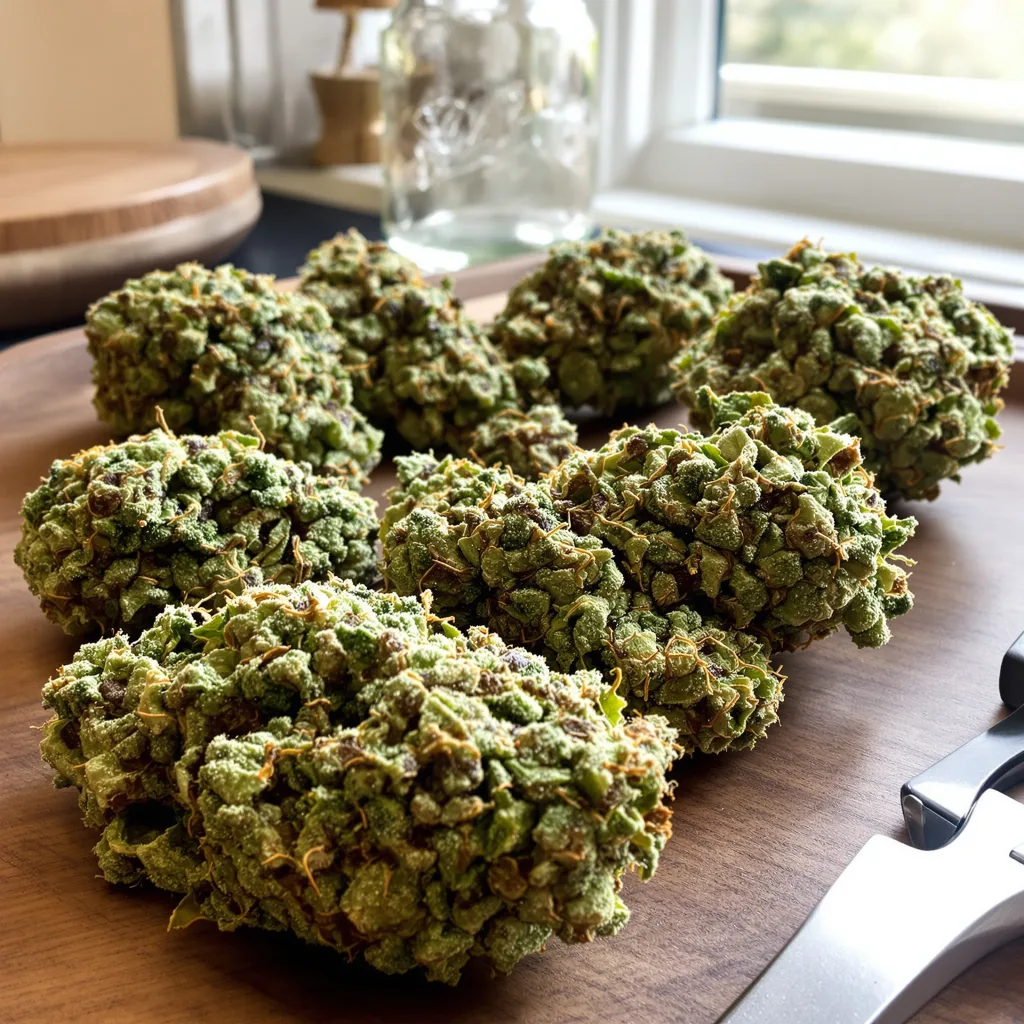 Cheeseburger 38% indica / 62% sativa — flor con tricomas visibles